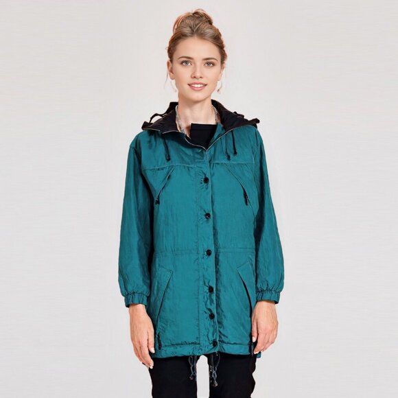 Vintage Paris Sport Club 90s Ski Track Jacket Windbreaker Hooded Coat Lined Teal - Picture 1 of 15